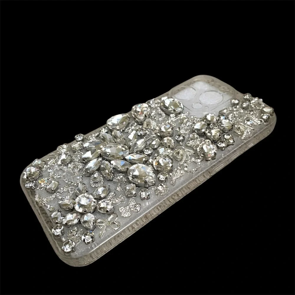 Silver Rhinestone iPhone 16 Pro Max Case with Camera Cutout